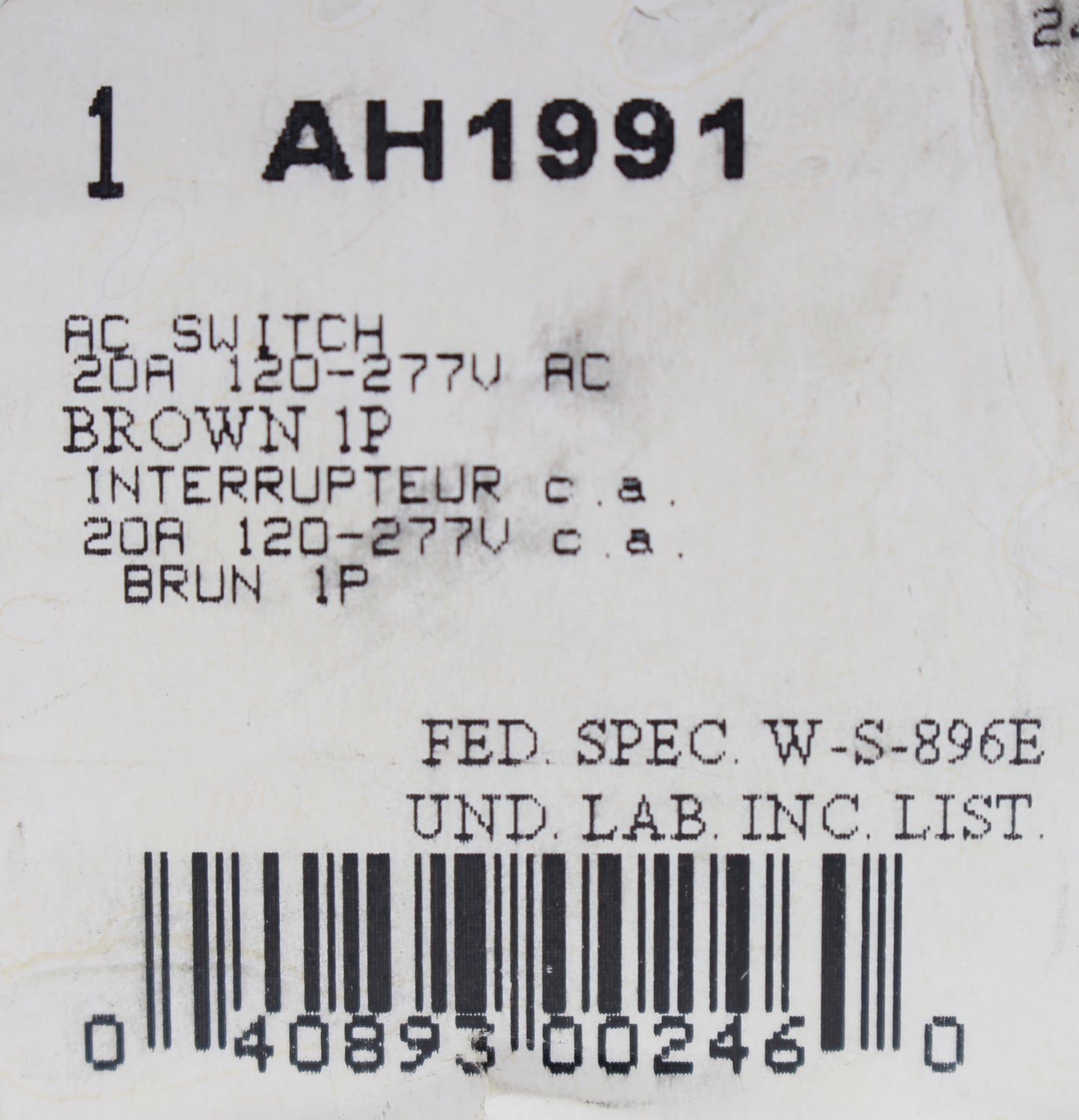 Cooper Brown Industrial Grade Single Pole Toggle Switch 20A 120/277V AC AH1991