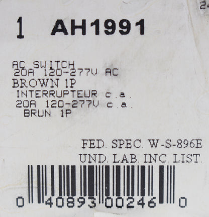 Cooper Brown Industrial Grade Single Pole Toggle Switch 20A 120/277V AC AH1991