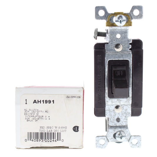 Cooper Brown Industrial Grade Single Pole Toggle Switch 20A 120/277V AC AH1991