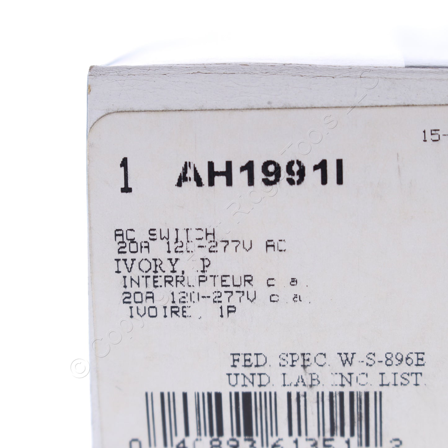 Cooper AH1991I Ivory Industrial Grade Single Pole Toggle Switch 20A 120/277V AC