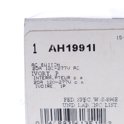 Cooper AH1991I Ivory Industrial Grade Single Pole Toggle Switch 20A 120/277V AC