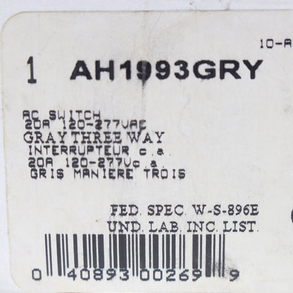 Cooper AH1993GRY Gray Industrial Grade 3-Way Toggle Switch 20A 120/277V B&S