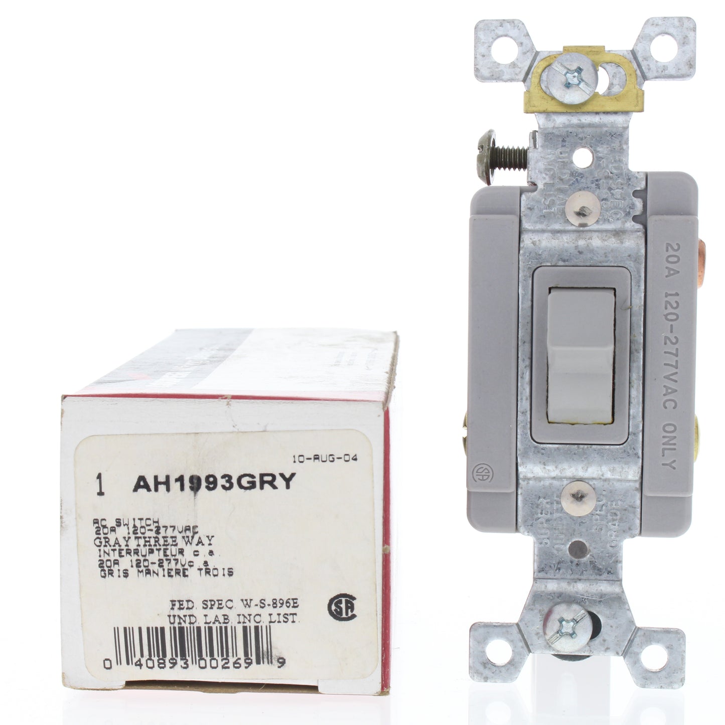 Cooper AH1993GRY Gray Industrial Grade 3-Way Toggle Switch 20A 120/277V B&S