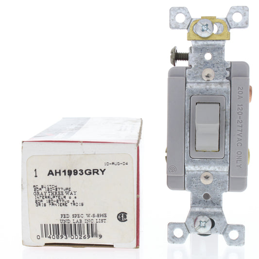 Cooper AH1993GRY Gray Industrial Grade 3-Way Toggle Switch 20A 120/277V B&S