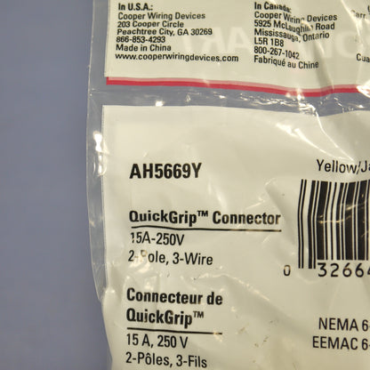 Cooper Arrow Hart Yellow QuickGrip Straight Connector NEMA 6-15 15A 250V AH5669Y