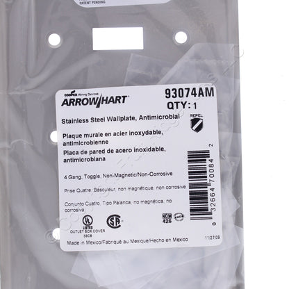 Cooper Antimicrobial Stainless Steel 4G Switch Cover Toggle Wallplate AH93074AM
