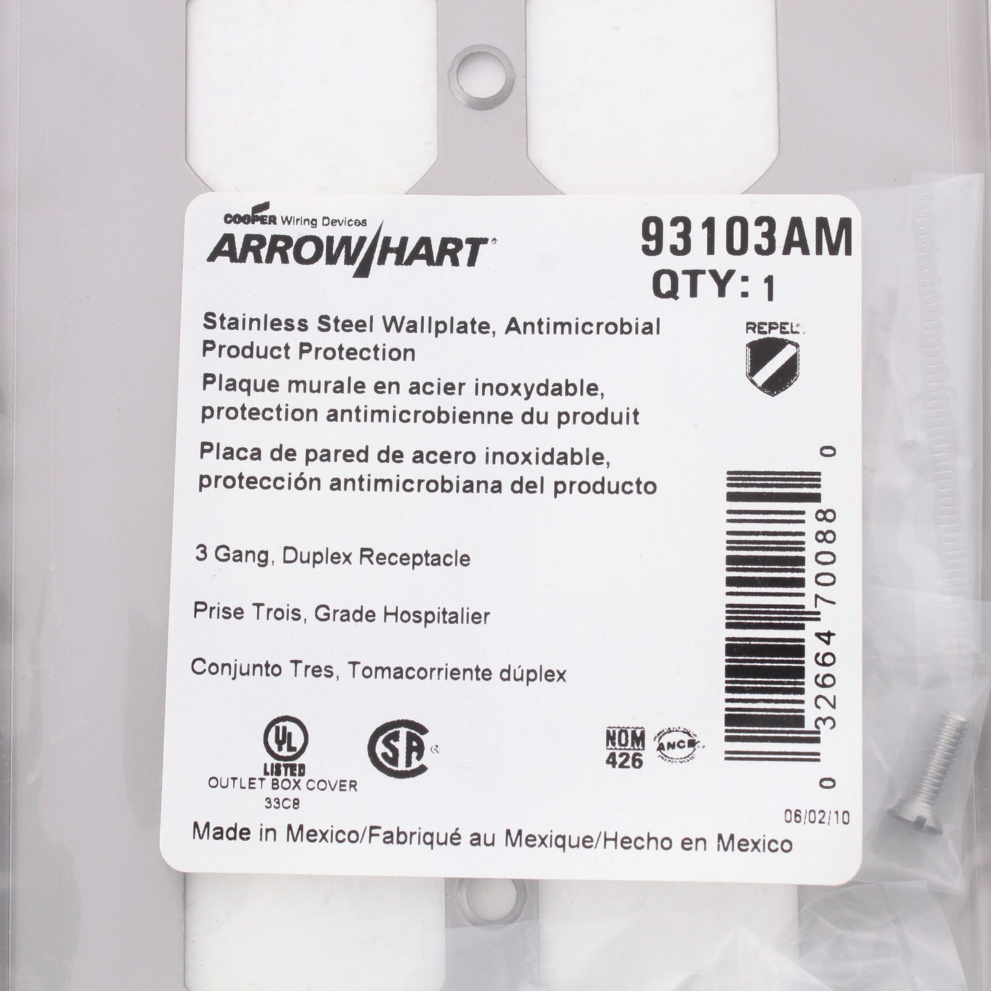 Cooper AH93103AM Antimicrobial Stainless Steel 3-Gang Receptacle Wallplate Cover