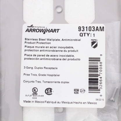 Cooper AH93103AM Antimicrobial Stainless Steel 3-Gang Receptacle Wallplate Cover