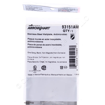 Cooper Antimicrobial 1-Gang Stainless Steel Blank Cover Wall Plate AH93151AM