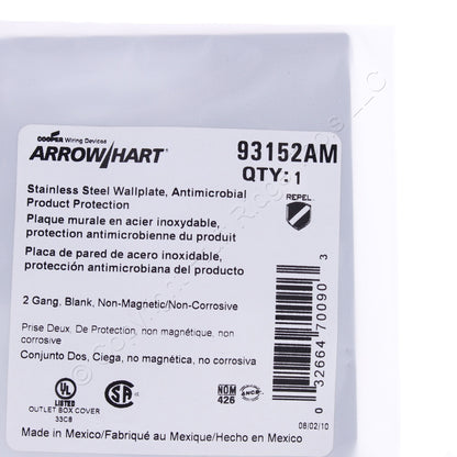 Cooper Antimicrobial 2-Gang Stainless Steel Blank Cover Wall Plate AH93152AM
