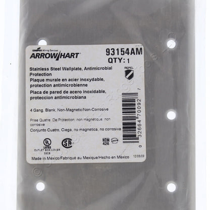 Cooper AH93154AM Antimicrobial Stainless Steel 4-Gang Blank Cover Wallplate