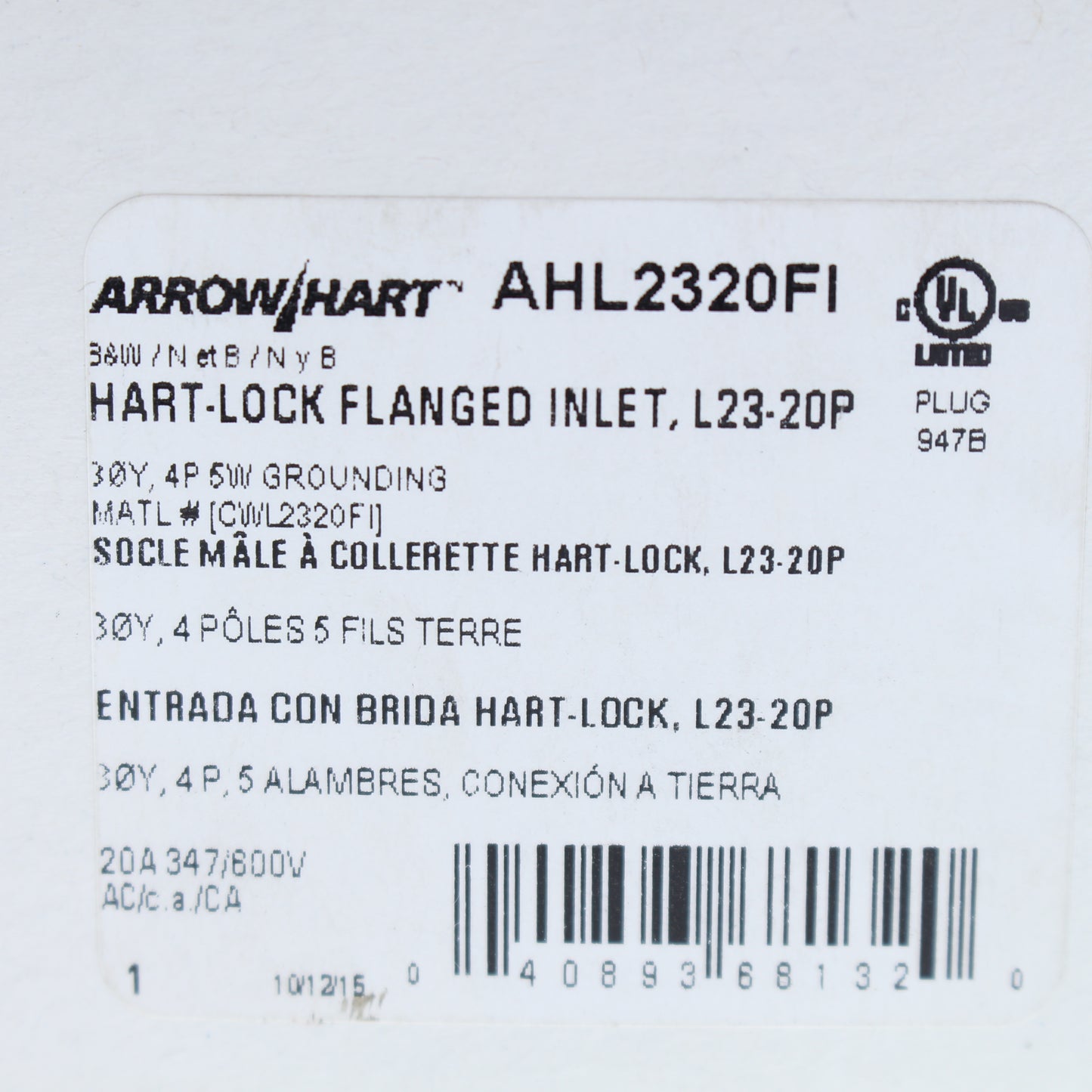Cooper Black Twist Turn Locking Flanged Inlet L23-20R 20A 347/600V 3� AHL2320FI