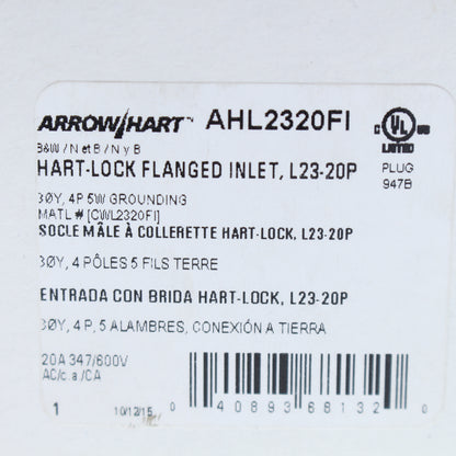 Cooper Black Twist Turn Locking Flanged Inlet L23-20R 20A 347/600V 3� AHL2320FI