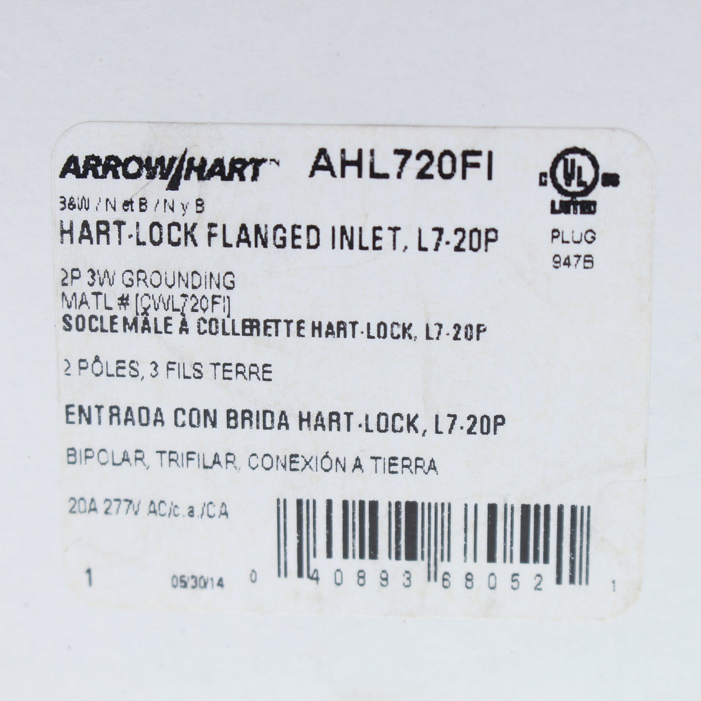 Cooper Black Twist Turn Locking Flanged Inlet Nema L7-20P 20A 277V 2P3W AHL720FI
