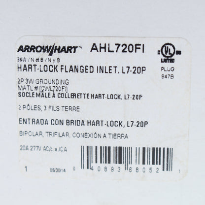 Cooper Black Twist Turn Locking Flanged Inlet Nema L7-20P 20A 277V 2P3W AHL720FI