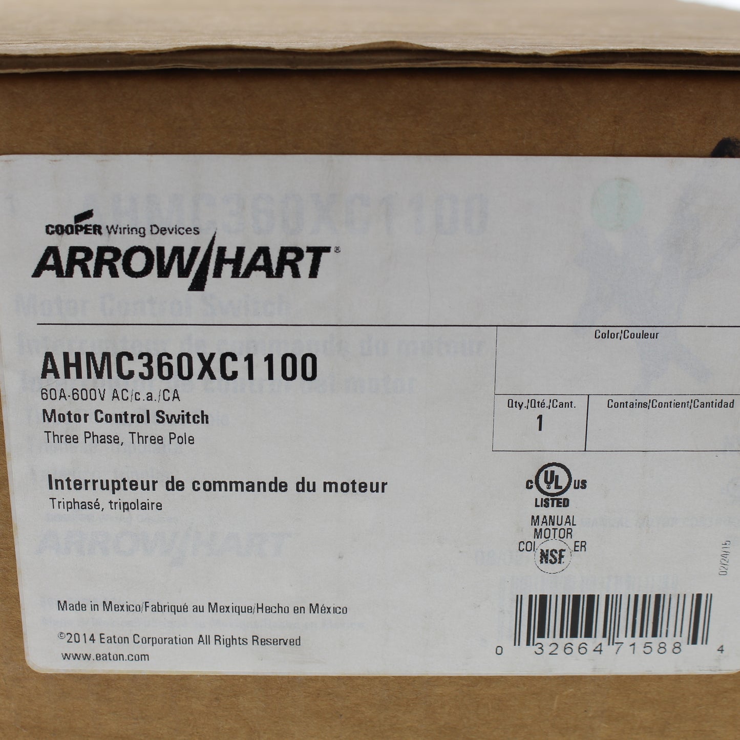 Cooper AHMC3601100 On/Off Manual Motor Control X-Switch 60A 600V Hole Bottom