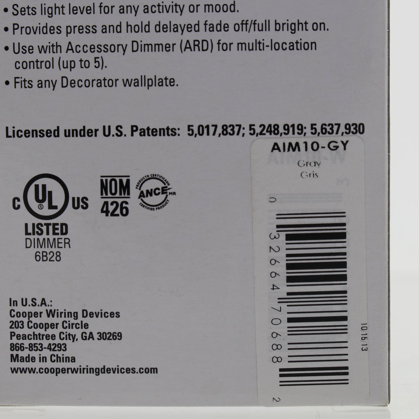 Cooper AIM10-GY Gray Smart Master Dimmer Preset Light Switch Multi-Way 1000W
