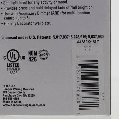 Cooper AIM10-GY Gray Smart Master Dimmer Preset Light Switch Multi-Way 1000W