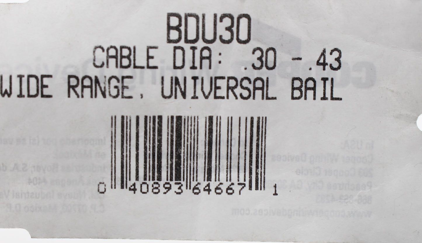 Cooper BDU30 Steel 0.30-0.43" Mesh Cable Support Grip BusDrop Lock Bale NO BOX