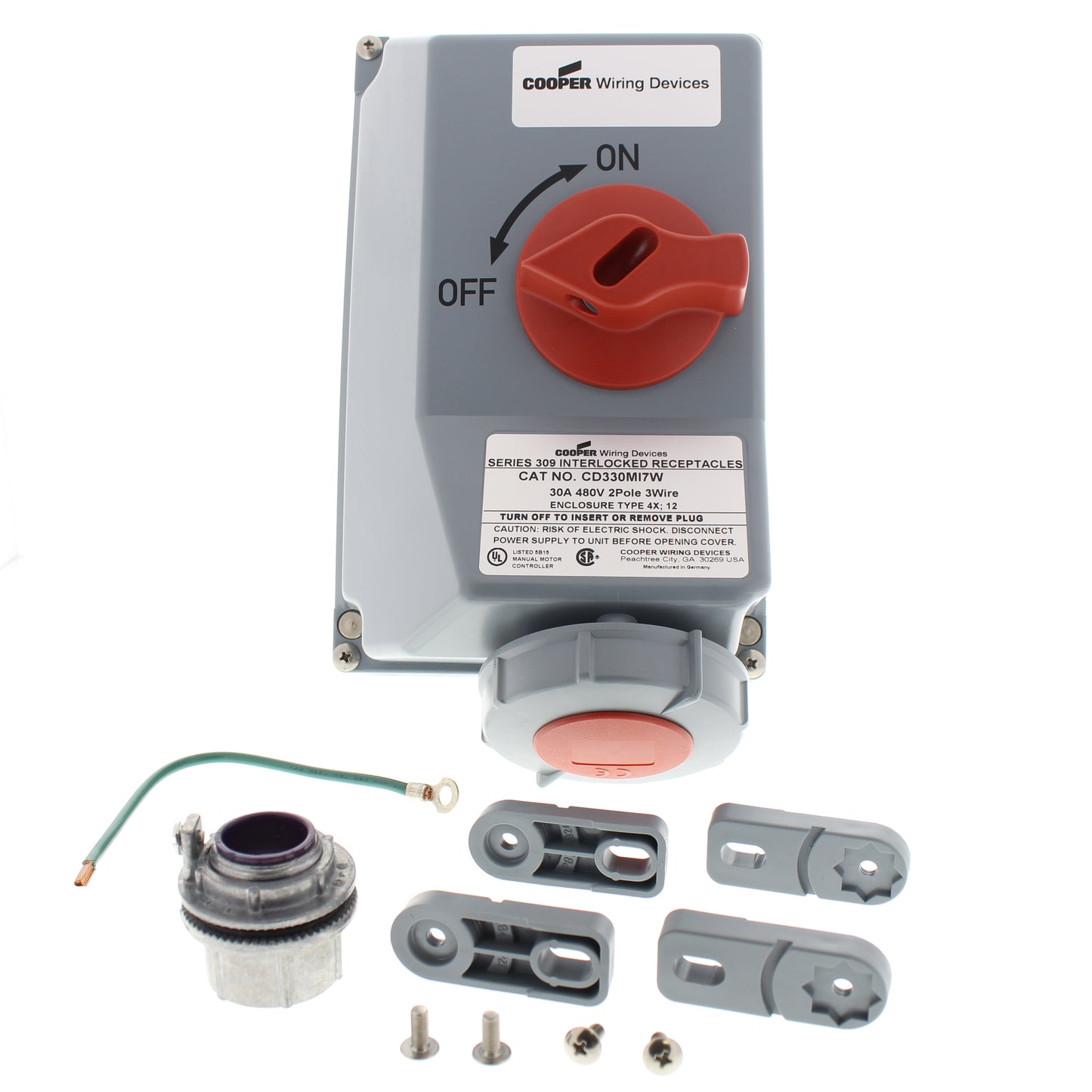 Cooper Watertight Mechanical Pin & Sleeve Interlock 30A 480V 2P3W 10HP CD330MI7W