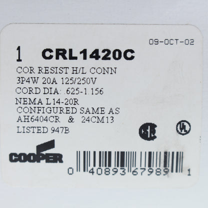 Cooper Yellow CORROSION RESISTANT Turn Twist Lock Connector L14-20R 20A CRL1420C