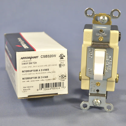 Cooper CSB320W White 3-Way Commercial Grade Toggle Wall Light Switch 20A
