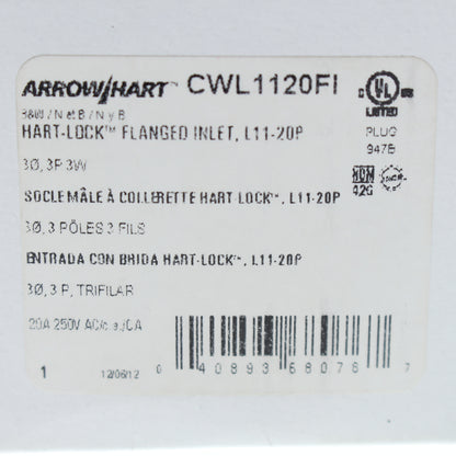 Cooper Twist Turn Locking Flanged Inlet Hart-Lok L11-20P 20A 250V 3� L1120FI