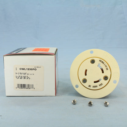 Cooper White Industrial Locking Flanged Outlet L12-30R 30A 480V 3� CWL1230FO