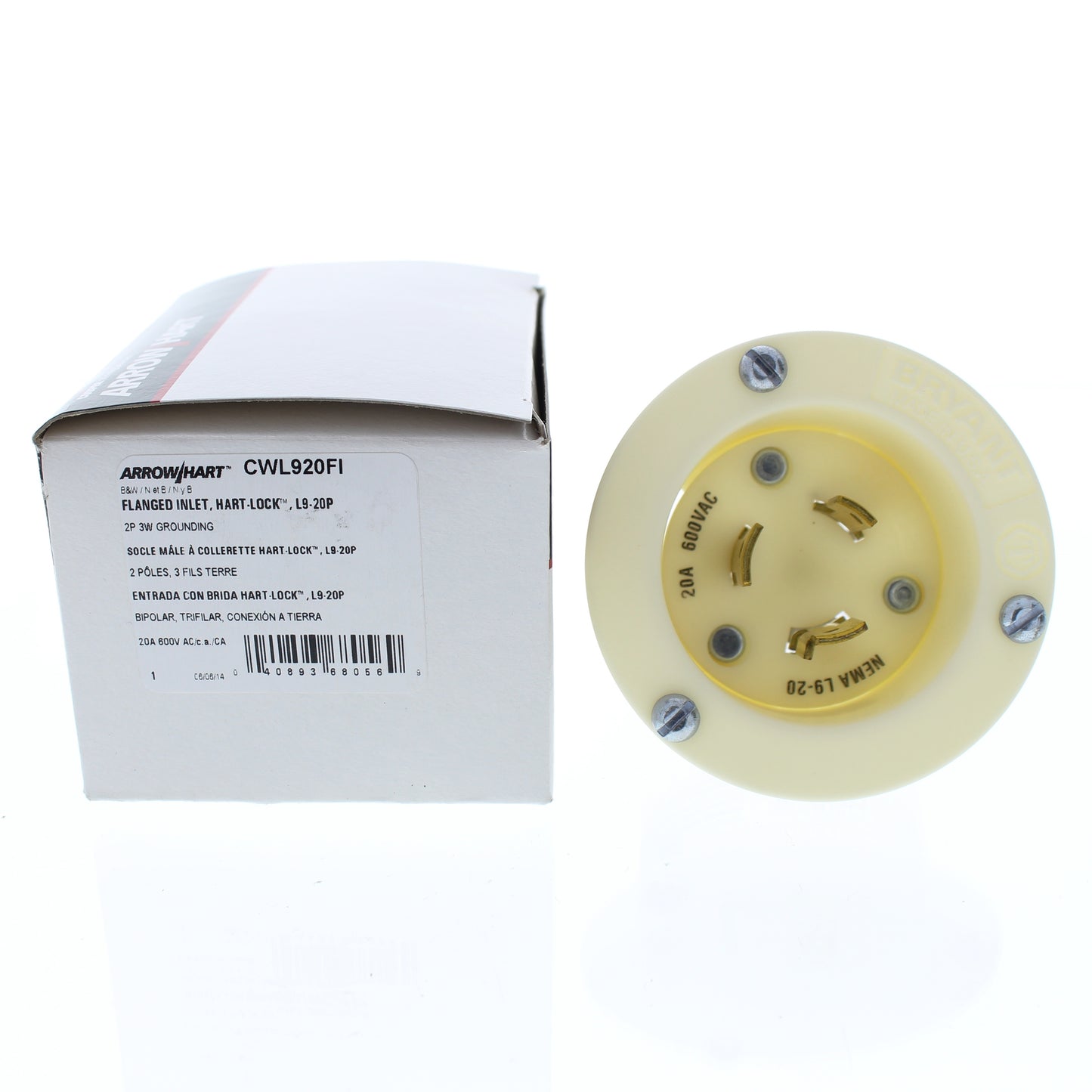 Cooper White Grounding Flanged Locking Inlet L9-20P 20A 600VAC 2P3W BW CWL920FI