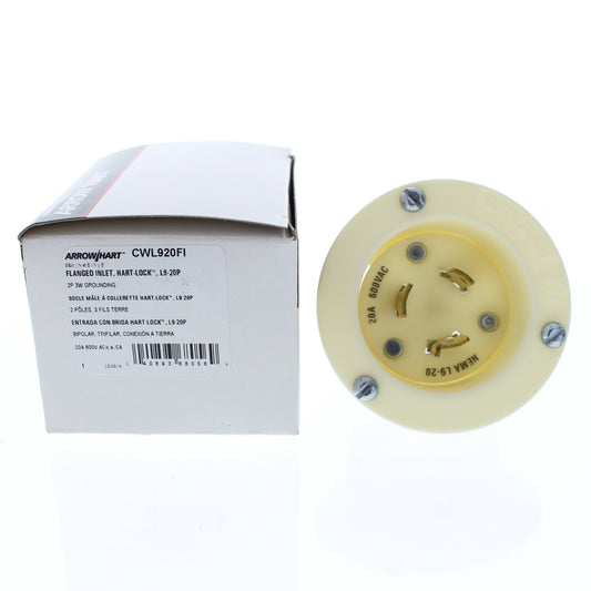 Cooper White Grounding Flanged Locking Inlet L9-20P 20A 600VAC 2P3W BW CWL920FI
