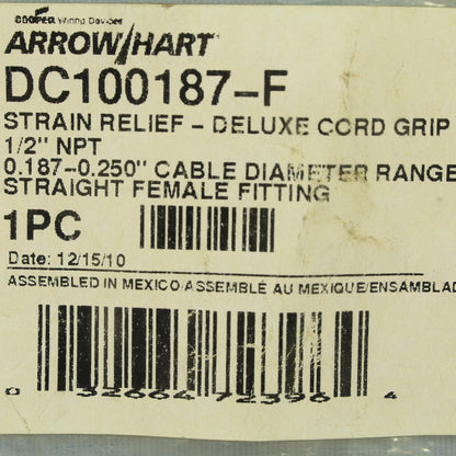 Cooper Female Delux Cord Grip Strain Relief Cable 0.187-0.25" 1/2"NPT DC100187-F