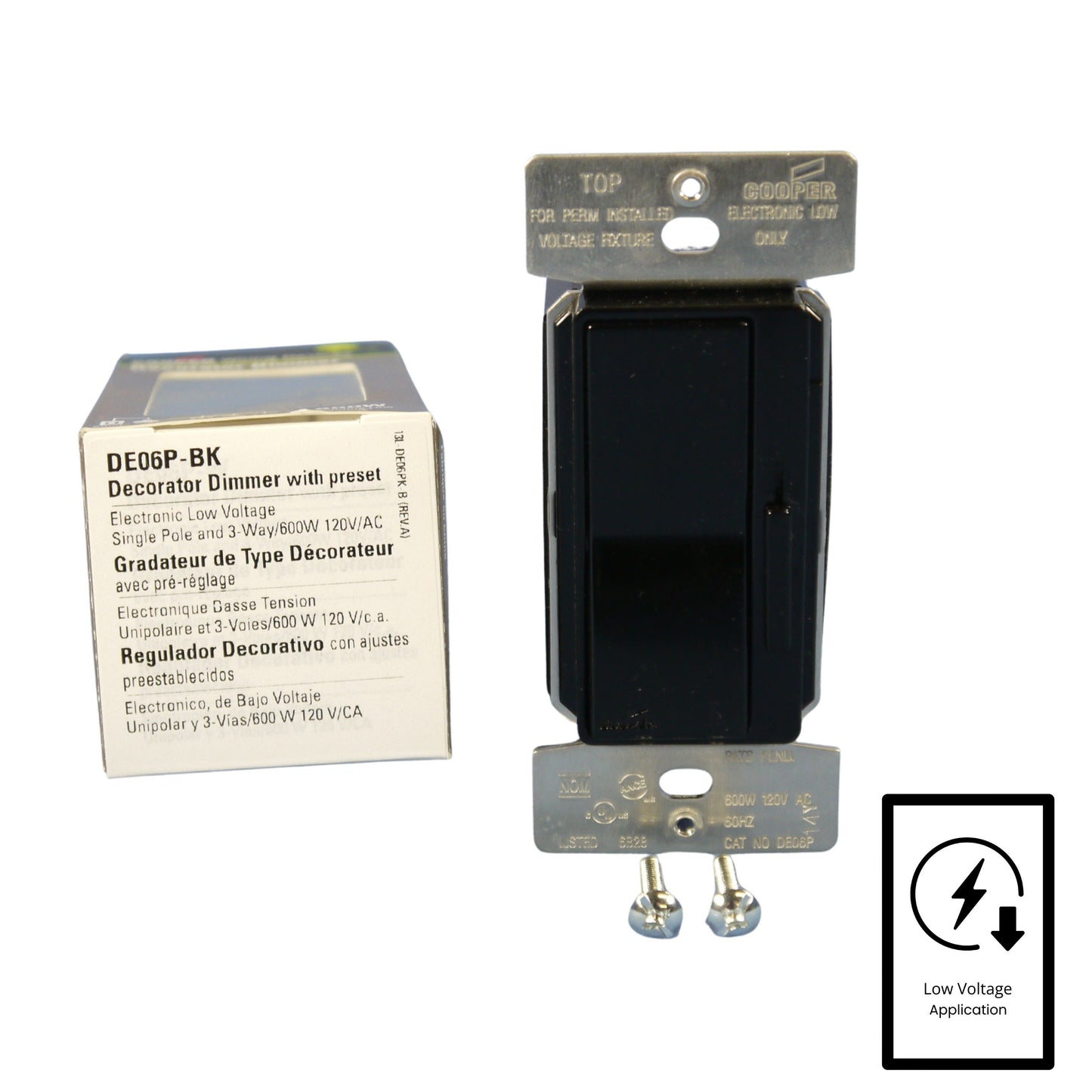 Cooper DE06P-BK Black DEVINE Low Voltage Electronic Dimmer Control Switch 600W
