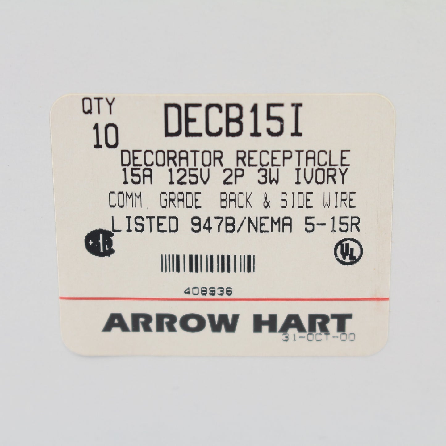 10 Cooper Ivory Commercial Decorator Receptacle 5-15R 2P3W 15A 125V B&S DECB15I