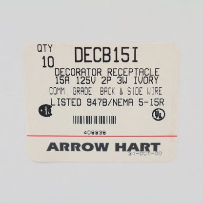 10 Cooper Ivory Commercial Decorator Receptacle 5-15R 2P3W 15A 125V B&S DECB15I