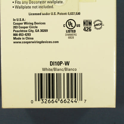 Cooper DI10P-W White Single-Pole & Multi-Way Decorator Slide Dimmer 1000W 120V