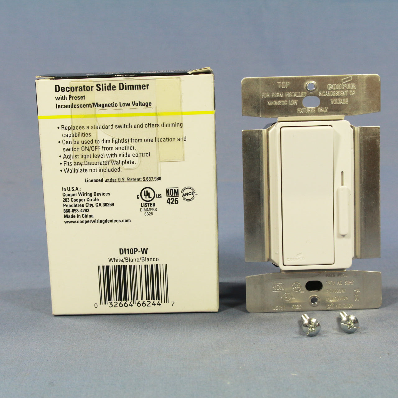 Cooper DI10P-W White Single-Pole & Multi-Way Decorator Slide Dimmer 1000W 120V