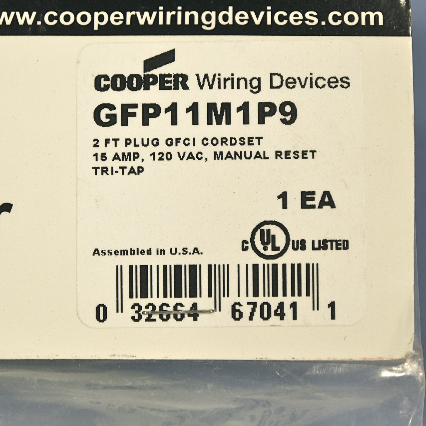 Cooper Industrial Manual Reset 2' Gfci Gfi TrI-Tap Cordset 15A 120VAC GFP11M1P9