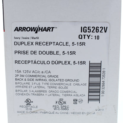 10 Cooper Ivory Duplex Isolated Ground Receptacles 5-15R 15A 125V 2P3W IG5262V