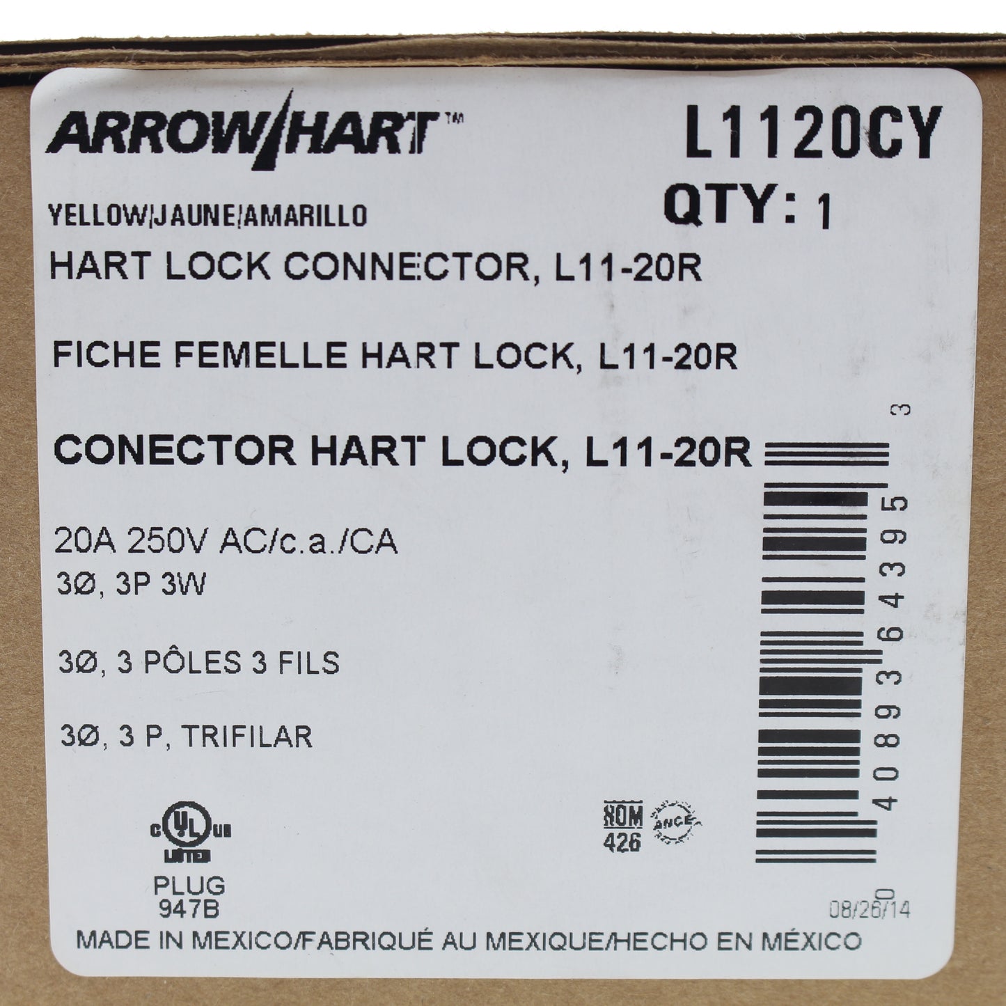 Cooper Yellow Twist Turn Locking Plug Connector Nema L11-20P 20A 250V 3� L1120CY