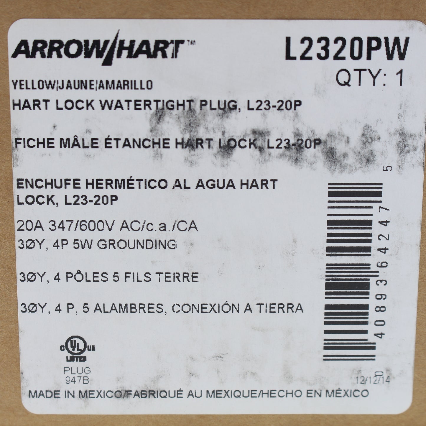 Cooper Yellow Watertight Locking Plug Nema L23-20R 20A 347/600V 3PH 4P5W L2320PW