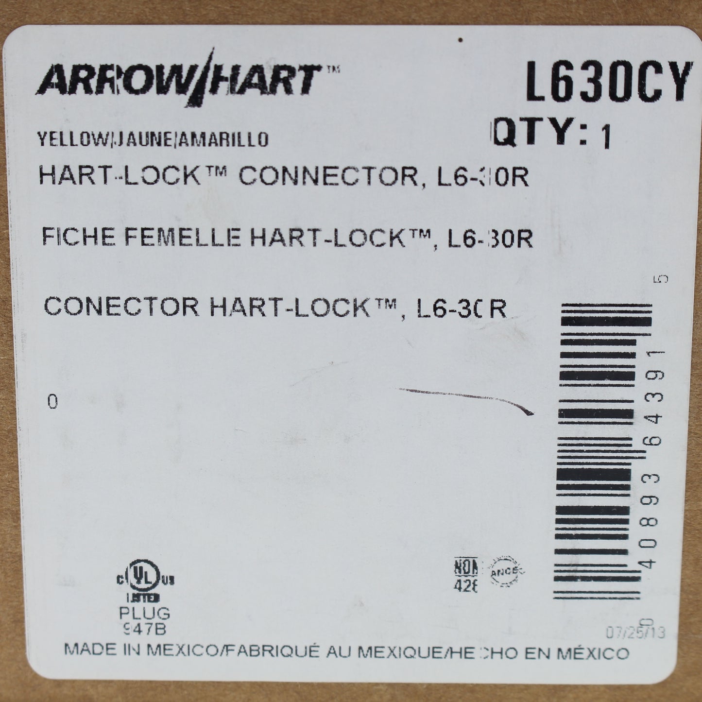 Cooper Yellow Locking Back Wire Grounding Connector L6-30R 30A 250V 2P3W L630CY