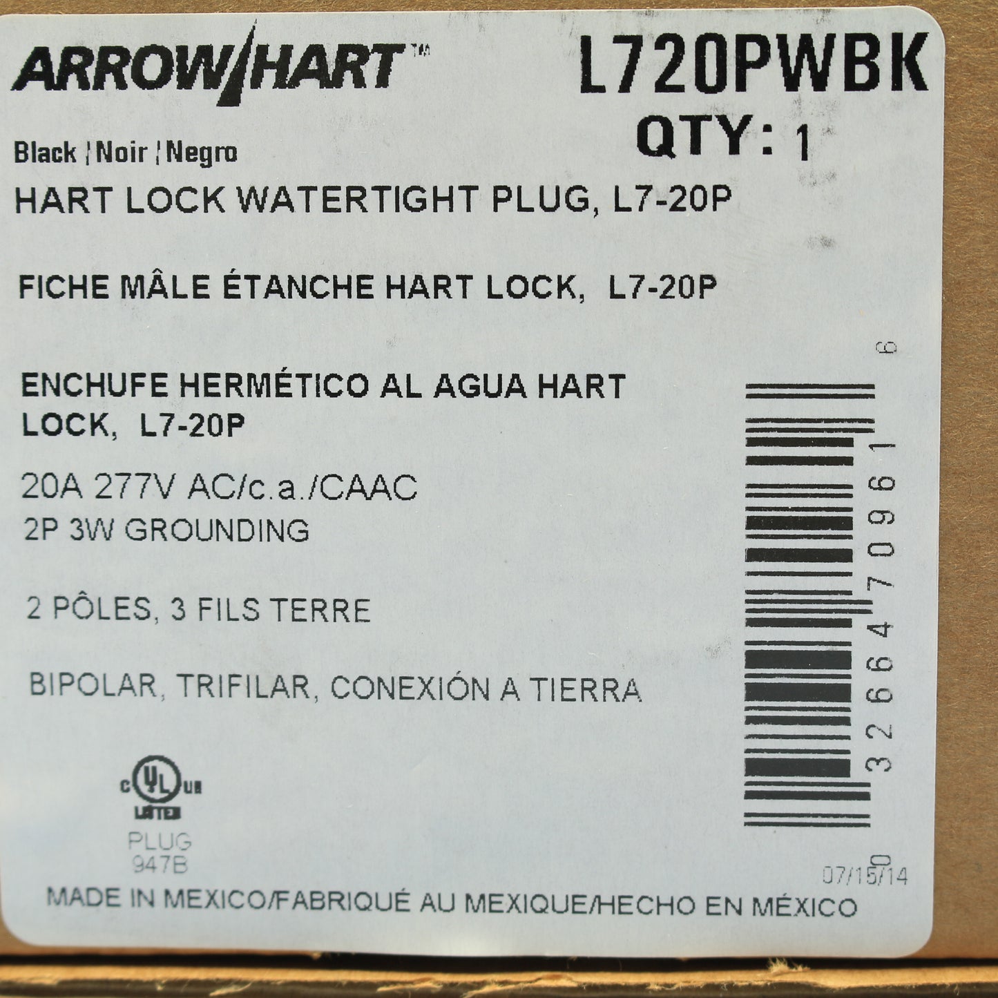 Cooper Black Watertight Locking Plug NEMA L7-20P 20A 277V 2-Pole 3-Wire L720PWBK