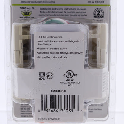 Cooper OS106D1-C1-K Almond White/Ivory Occupancy Sensor Dimmer 600W Single Pole
