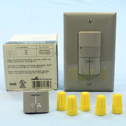Cooper OSP10D-GY Gray PIR Dual Relay Occupancy Sensor Single Pole 3-Way 120/277V