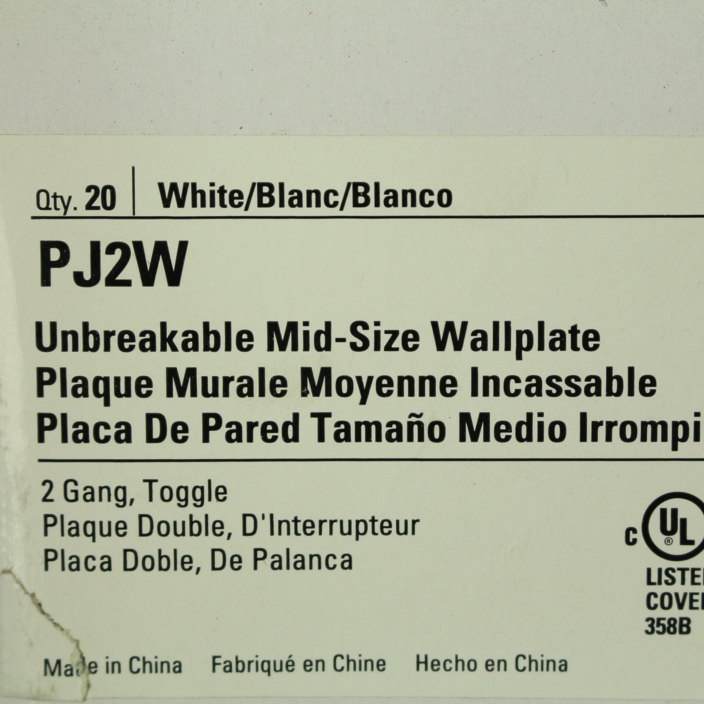 Cooper PJ2W White 2-Gang Unbreakable Toggle Nylon Mid-Size Wallplate Cover 20pcs