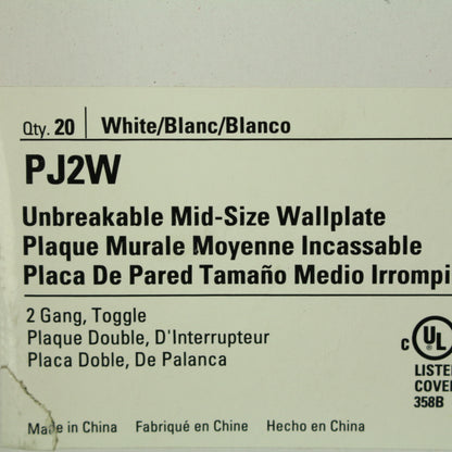 Cooper PJ2W White 2-Gang Unbreakable Toggle Nylon Mid-Size Wallplate Cover 20pcs