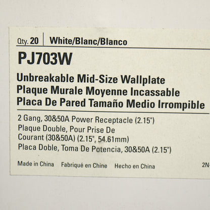 Cooper PJ703W White 2-Gang 2.15" Power Outlet Mid-Size Nylon Wallplates 20-Pack
