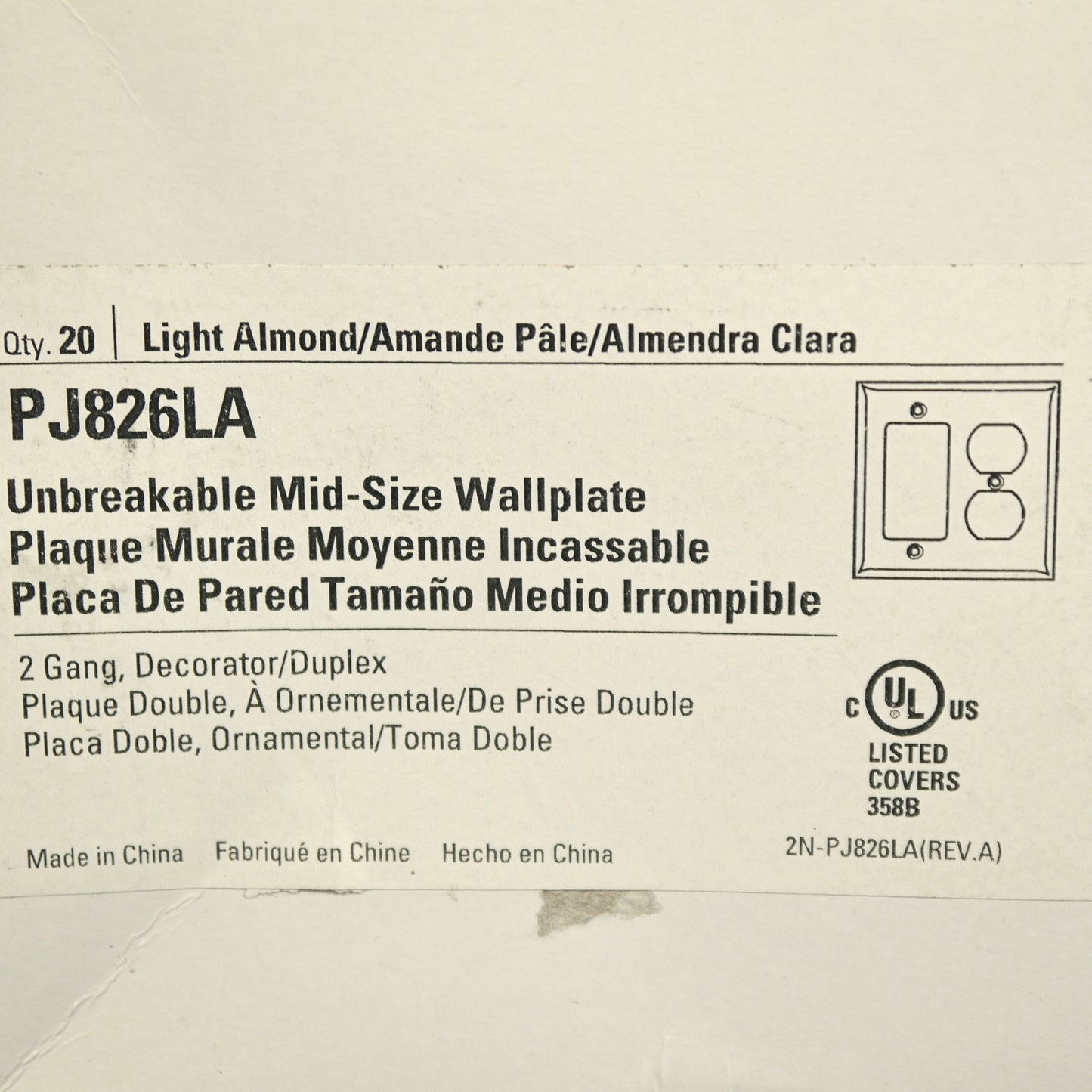 Cooper PJ826LA Lt Almond 2-Gang Duplex Decorator Unbreakable Mid-Size Cover 20pc