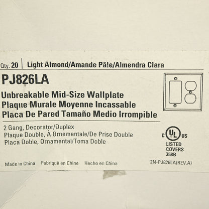 Cooper PJ826LA Lt Almond 2-Gang Duplex Decorator Unbreakable Mid-Size Cover 20pc