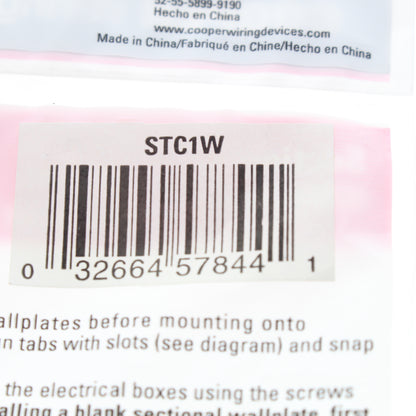 Cooper STC1W White Center Sectional Toggle Switch Nylon Wallplate Middle Cover